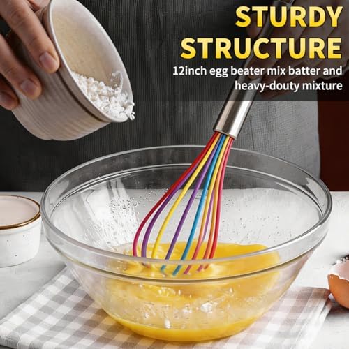 Silicone Whisk Set,Stainless Steel Handle Whisk 8" 10" 12" Rubber Whisks Cooking Non Scratch High Heat Resistant,Balloon Egg Beater for Whisking,Beating,Blending Ingredients,Mixing Sauces,Rainbow