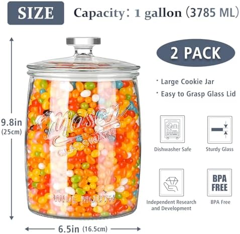 Folinstall 1 Gallon Glass Cookie Jar with Airtight Lid, 2 Pack