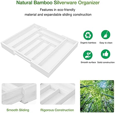 Pipishell Bamboo Expandable Drawer Organizer for Utensils Holder, Adjustable Cutlery Tray, Wood Drawer Dividers Organizer for Silverware, Flatware, Knives in Kitchen, Bedroom, Living Room (White)