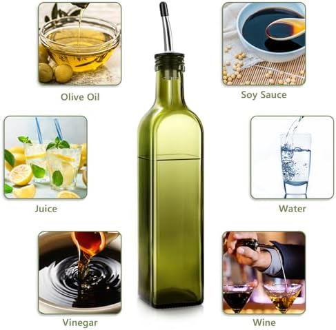 Leaflai Glass Olive Oil Dispenser and Vinegar Dispenser Set with 2 Stainless Steel Pourers, 4 Labels, 1 Brush and 1 Funnel Oil Bottles for Kitchen (500ml)
