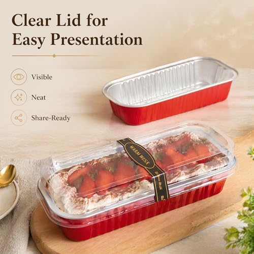 50 Pack Red 6.8oz Mini Cake Pans with Lids, Spoons and Stickers