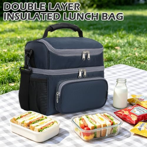 FlowFly Double Layer Cooler Insulated Lunch Bag Adult Lunch Box Large Tote Bag for Men, Women, With Adjustable Strap,Front Pocket and Dual Large Mesh Side Pockets