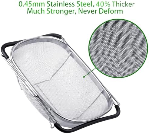Tiawudi 6-Quart Large Over The Sink Colander, Heavy Duty 40% Thicker 18/8 Stainless Steel Fine Mesh Strainer Basket with Expandable Rubber Grip Handles - Strain, Drain, Rinse Fruits, Vegetables