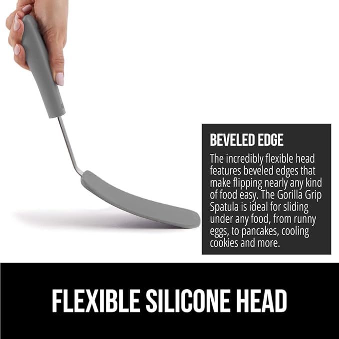 GORILLA GRIP Food Grade Flexible Silicone Spatula, Heat Resistant Head for Nonstick Frying Pan, Patented Soft Rubber Handle for Comfort, Non-Scratch Kitchen Turner, Flip Eggs Burgers, 11.6 in, Gray