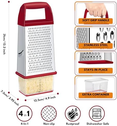 Urbanstrive Cheese Grater With Container, Professional Cheese Grater with Handle, Stainless Steel Graters for Kitchen Handheld, Box Grater with 4 Sides for Vegetables, Ginger, Potatoes (Red)