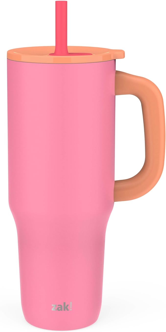 Zak Designs Sutton Travel Tumbler for On the Go, 40oz Stainless Steel with Vacuum Insulation, Silicone Straw, and Carry Handle for Cold Drinks (So Sweet Pink)