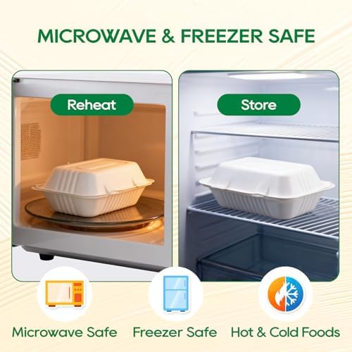 Turbo Bee 75 Pack White Compostable Take Out Containers, 9x6 Disposable Food Containers with Lids, Heavy Duty Clamshell To Go Boxes for Restaurant, Catering, Meal Prep & Lunch