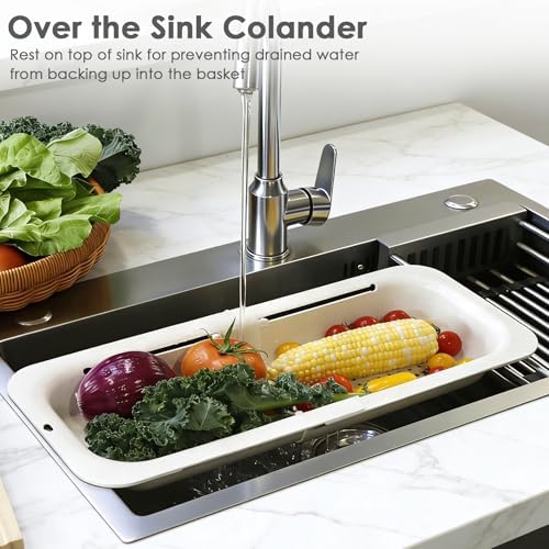 Over the Sink Colander Strainer Basket, Extendable Colander and Strainer for Kitchen, Wash Vegetables and Fruits, Drain Pasta and Dry Dishes, Adjustable Colander from 13.5In to 18.7In, White