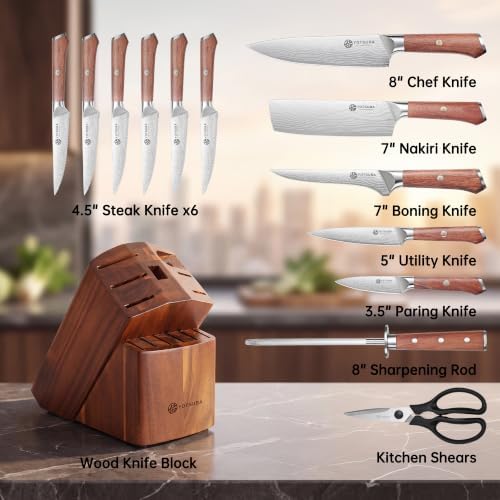 YOTSUBA 14 PCS Japanese Knife Set with Block and Sharpening Rod