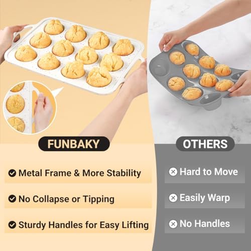 FUNBAKY Silicone Muffin Pan with Metal Frame, Nonstick 12 Cups Regular Size Silicone Muffin Tin for Oven Baking Easy to Move with Handle BPA Free