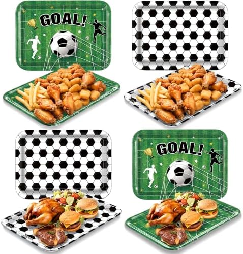 Vesici 4 Pack Soccer Melamine Serving Trays, 13 x 10 in Rectangular Serving Platters with Goal Field & Ball Pattern, Reusable Snack Appetizer Dessert Trays for Game Day Parties, Easy Clean