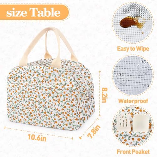 Cotton Quilted Insulated Lunch Bag, Reusable Quilted Floral Lunch Tote Bags