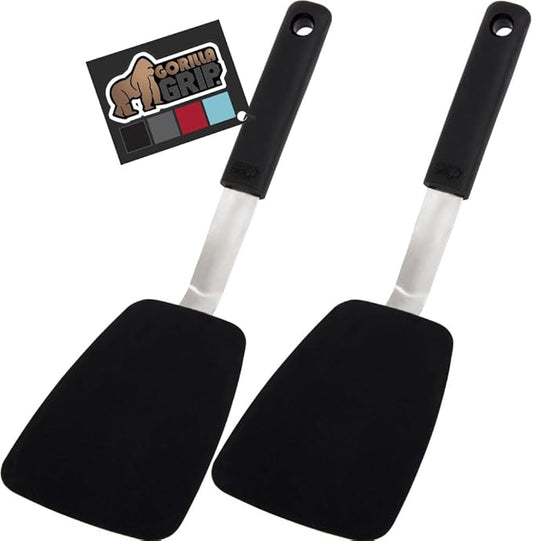 GORILLA GRIP Food Grade Flexible Silicone Spatula, 2 Pack, Heat Resistant Head for Nonstick Frying Pan, Patented Soft Rubber Handle for Comfort, Non-Scratch Kitchen Turner, Flip Eggs, 11.6 in, Black