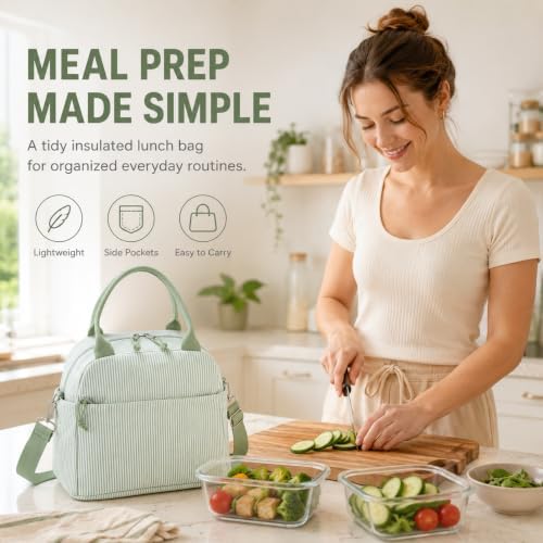 Bluboon Lunch Box for Women Cute Lunch Bag Reusable Insulated Lunch Bags Large Capacity Lunchbox Cooler for Work Picnic or Travel Gifts (A Sage Green White Stripes-13L, 10 x 7.5 x 8 inches)