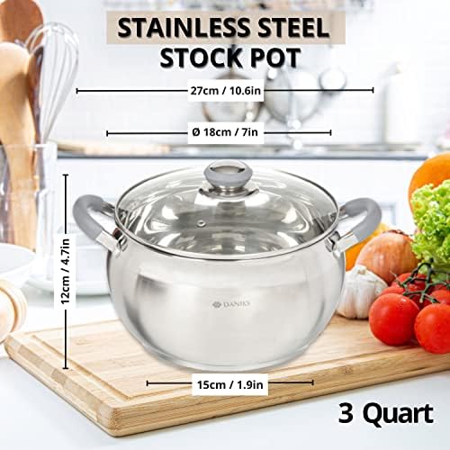 Daniks Modern 3 Quart Stainless Steel Stock Pot with Glass Lid, Tri-Ply Bottom for Even Heating, Induction Compatible, Dishwasher Safe, Heatproof Handles