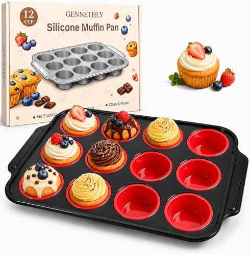 Silicone Muffin Pans for Baking, 12-Cup Muffin Tin with Metal Frame