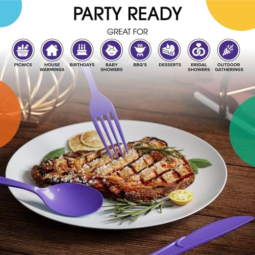 Party Solids Purple Plastic Silverware 150 Pcs Purple Cutlery Set