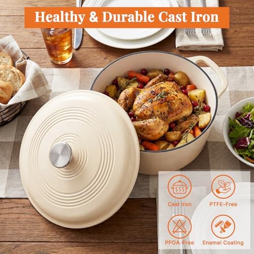 NEWBULIG Cast Iron Dutch Oven, 6 Quart Enamel Dutch Oven Pot with Lid, Heavy Duty Cookware for Sourdough Bread, Braising, Stews, Roasting, Safe up to 500°F, Beige