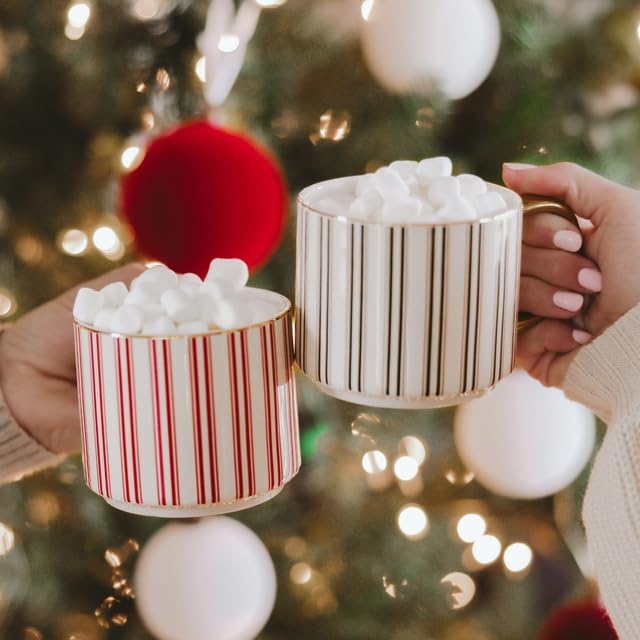 Sweet Water Decor Red Stripe Coffee Mug, 14oz China Christmas Mug with Gold Handle, Large Holiday Winter Cup for Coffee, Tea & Hot Chocolate, Stocking Stuffer Gifts for Women
