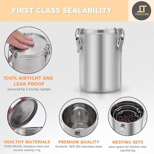 Tanjiae 4-Pack Compact Stainless Steel Airtight Canisters Sets for Small Kitchens | Metal Food Storage Containers with Lids Sealed - Keep Flour, Sugar, Coffee, Tea Fresh for Months (18+35+56+85 fl oz)