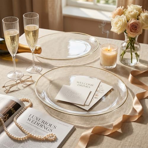 WDF 6-Pack Clear and Gold Plastic Serving Trays - 10x12 Inch Heavy Duty Oval Disposable Serving Platters for Cookie/Appetizer/Snack Party Food Display - Clear Gold Serving Trays for Party/Wedding/BBQ