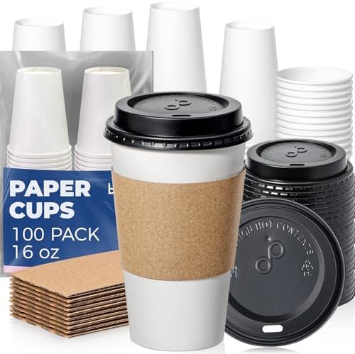 Fit Meal Prep 16 oz 100 Pack To Go Coffee Cups with Lids and Sleeves