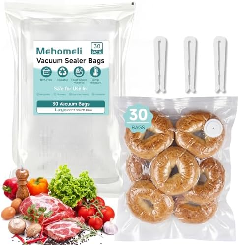 Mehomeli Reusable Vacuum Sealer Bags, 30 Large Bags, 11.8 x 13.4 in