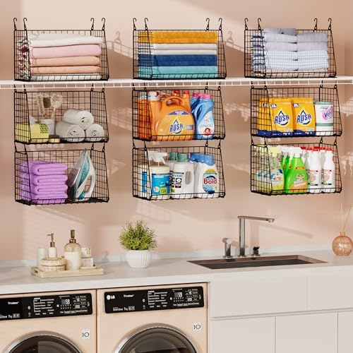 Sonyabecca 3-Pack Hanging Laundry Baskets, Foldable Metal Wire Shelves with 360° Rotating Hooks, Space-Saving Over Washer/Dryer or Closet Storage for Laundry Room & Closet Organization, Black