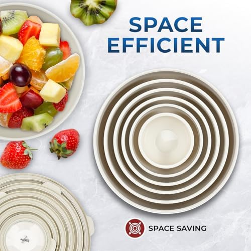 Bakken Master 12 Piece Plastic Nesting Bowls with Lids - Mixing Bowls Set includes 6 Prep Bowls and 6 Lids, BPA-Free, Reusable Meal Prep Containers, Microwave, Freezer & Dishwasher Safe, White Cream
