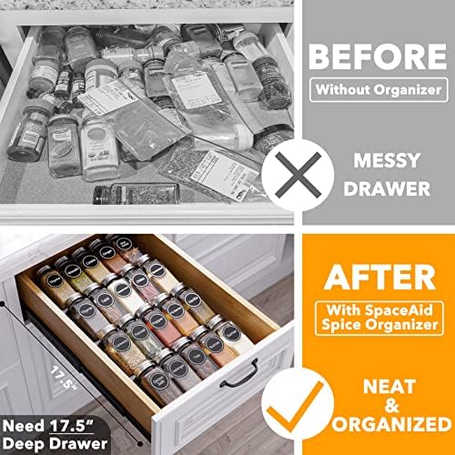 SpaceAid Spice Drawer Organizer with 20 Spice Jars, 386 Spice Labels, 4 Tier Seasoning Rack Tray Insert for Kitchen Drawers, 9-1/2" Wide x 17-1/2" Deep