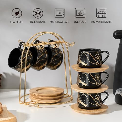 LUKA Ceramic Espresso Cups with Saucers and Metal Stand, Small 4 oz Porcelain Demitasse Cups Set of 6, Cute Cappuccino Coffee Cups for Double Espresso, Tea, Marbling Black