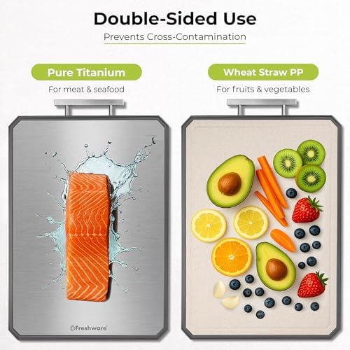 Freshware Titanium Cutting Board for Kitchen, Set of 2, Double Sided Cutting Boards, Pure Titanium/PP, Chopping Board with Juice Grooves, Dishwasher Safe, Medium 12.1" by 8.3" and Large 16.2" by 11"