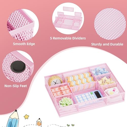 Marbrasse 2 Pack Desk Drawer Organizer, Mesh Drawer Organizer Tray with 8 Adjustable Compartments, Desk Organizers and Accessories, 5 Dividers Drawer for Office Supplies, Makeup & Vanity (Pink)