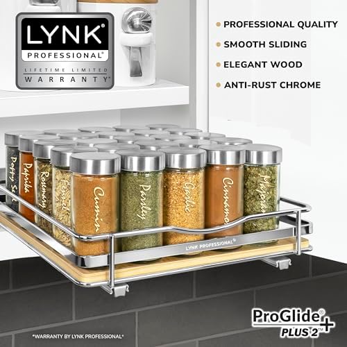 LYNK PROFESSIONAL® Élite™ Pull Out Spice Organization for Cabinets - 10-3/8 inch Wide – Spice Rack for Inside Cabinets – Wood/Chrome - Sliding Spice Rack Organizer for cabinet – Spice Rack - 1 Tier