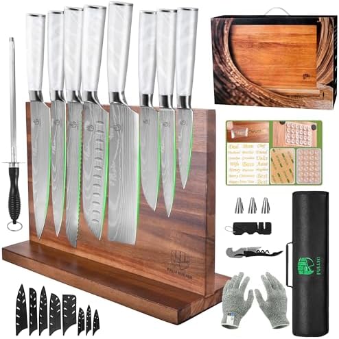 FULLHI 15pcs Japanese Knife Set with Magnetic Knife Block Holder, Stainless Steel Blades, White Resin Ergonomic Handles for Professional and Home Cooking