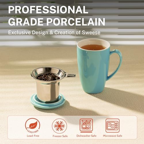Sweese 15oz Porcelain Tea Mug with Infuser and Lid – Microwave Safe, Ergonomic Handle, Lead-Free Glaze, for Loose Leaf Tea