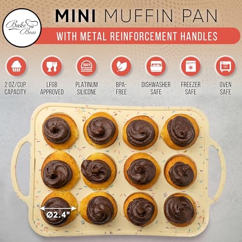 BAKE BOSS Silicone Mini Muffin Pan 12 Count – Non-Stick Muffin Pans for Baking, BPA-Free Silicone Cupcake Pans for Baking, Easy Release, Metal Handles, Oven & Dishwasher Safe