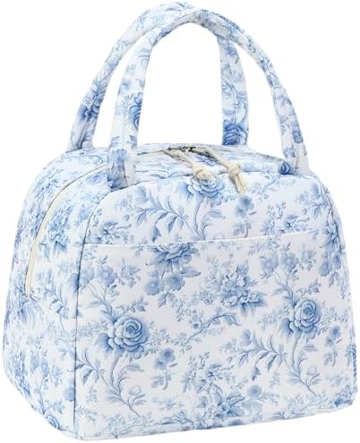 Bluboon Lunch Box for Women Cute Lunch Bag Reusable Insulated Lunch Bags Large Capacity Lunchbox Cooler for Work Picnic or Travel Gifts (Blue Roses Floral, 10 x 7.5 x 8 inches)