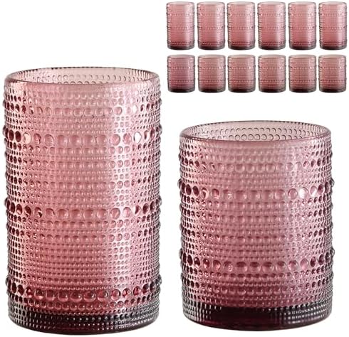 ZMOWIPDL Drinking Glasses Set of 12,Purple 12oz & 15oz Hobnail Glass Cups