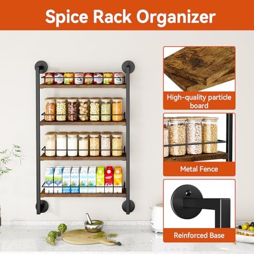 IBUYKE 4 Tier Spice Rack Wall Mount for Kitchen,Brown TLJ016H