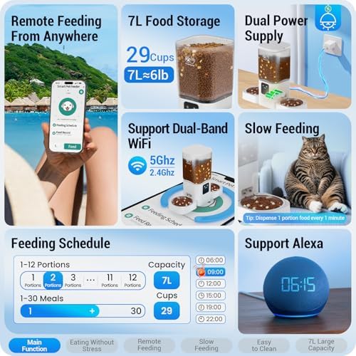 Frienhund Automatic Cat Feeder 2 Cats with Slow Feed: Dual Automatic Dog Feeder with 5G WiFi, Cat Food Dispenser with APP Control for Multiple Pets, Detachable for Easy Clean, Double Pet Bowl - 29 Cup