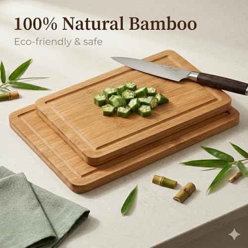 2-Piece Deep Carbonized Bamboo Cutting Board Set with Vertical Drying Stand | Wooden Chopping Boards for Kitchen | Extra Deep Juice Grooves & Easy-Carry Side Handles | Gift-Ready