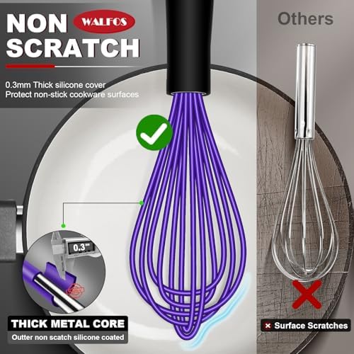 Walfos Whisk,Whisks for Cooking Non Scratch.Silicone Whisk Set of 4 Kitchen Whisks-11in Flat and 7+9+11in Balloon .Nice for Mixing,Whisking and Stirring.Dishwasher Safe.(4pcs-Colorful)