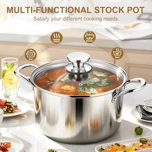 P&P CHEF 8 Quart Tri-Ply Stainless Steel Stock Pot, Cooking Pot with Lid