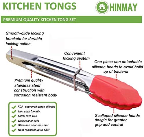 HINMAY 7-Inch Mini Tongs with Silicone Tips, Set of 3 (Green Red Blue)