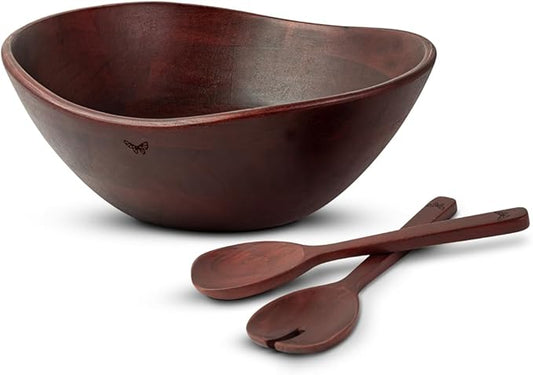 Melvvi Large Wooden Salad Bowl Set with 2 Serving Utensils | 12" Acacia Wood Royal Brown color Bowls for Food | Great Gift for Mothers Day (Royal Set of 3)