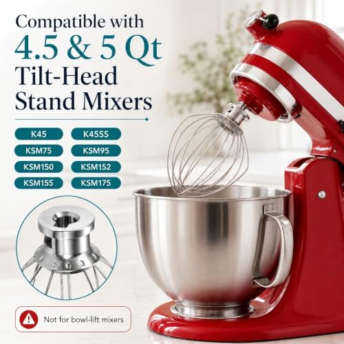 Wire Whip Attachment for 4.5-5 Qt Tilt-Head Stand Mixer, Stainless Steel 6-Wire Whisk Mixer Attachment, Replacement Part Compatible with KitchenAid