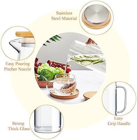 Hsei 2 Sets Glass Pitcher with Lid Water Carafe, Bamboo Lid, 1.5L