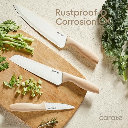 CAROTE 12PCS Knife set with Blade Guards,Granite Nonstick Ceramic Coating,Stainless Steel blade, Anti-Slip Handle, Essential Knives, Rustproof, White (Pack of 2)