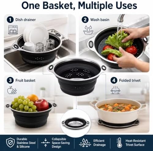 Mejoncb Collapsible Colander – Platinum Silicone Strainer with Stainless Steel Base, BPA-Free & Heat Resistant Kitchen Drain Basket (Black)